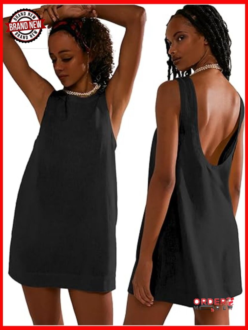 Summer Linen Mini Dress Boat Neck Low Back Sleeveless Tank Dresses with Pockets